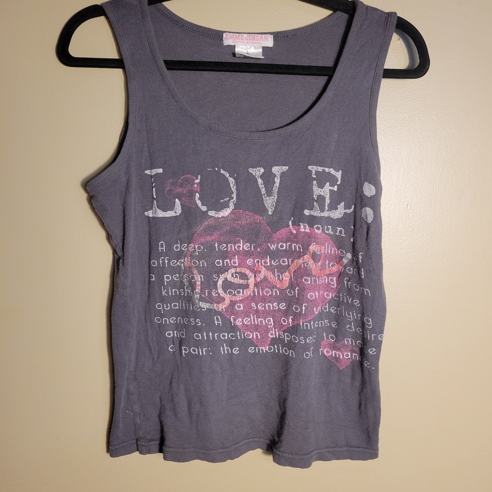Emme Jordan Womens Large Gray LOVE Graphic Tank Top Cotton Sleeveless Y2K Casual